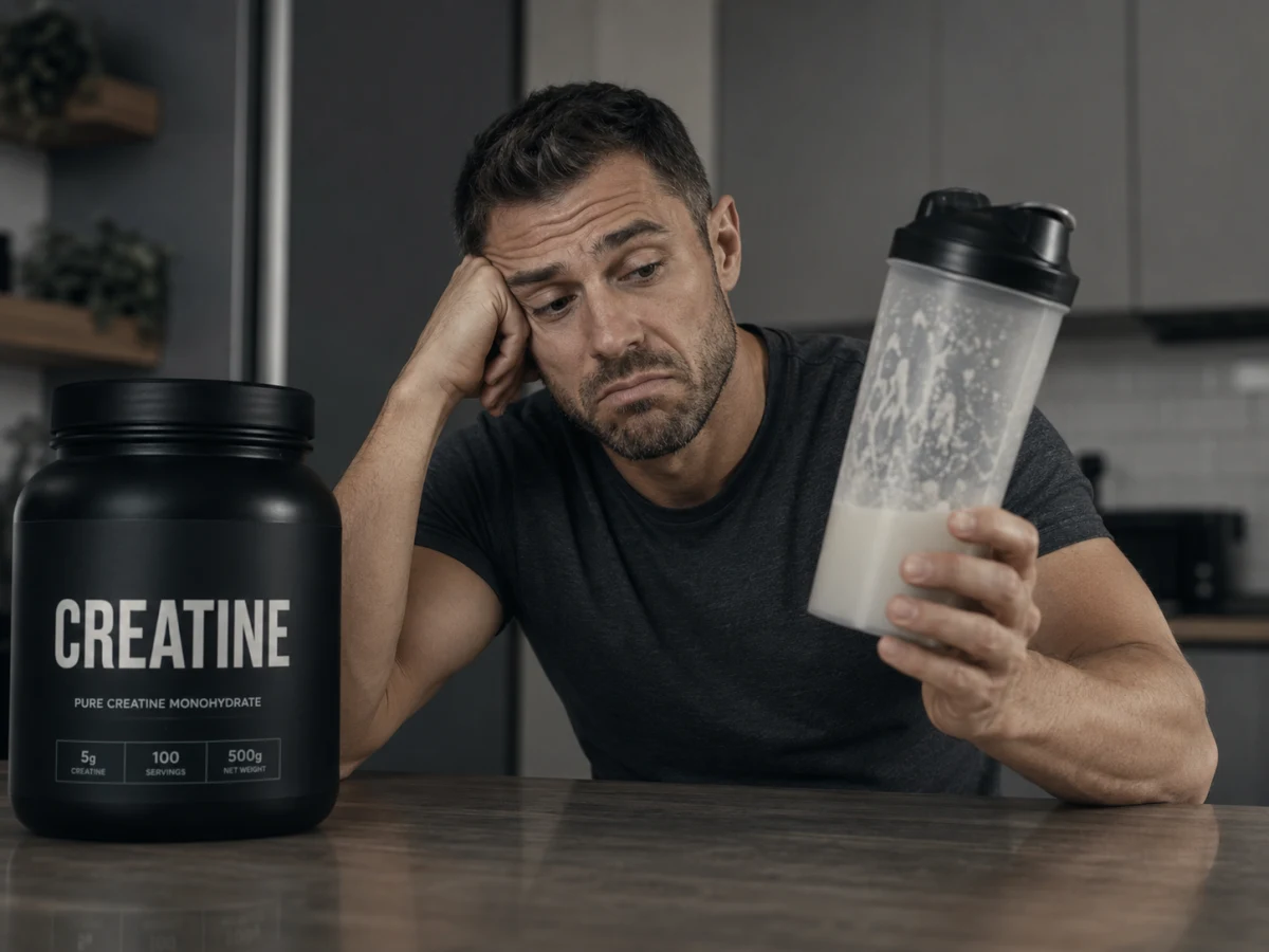 A frustrated man looking at a cloudy creatine shaker beside a large tub of creatine powder.