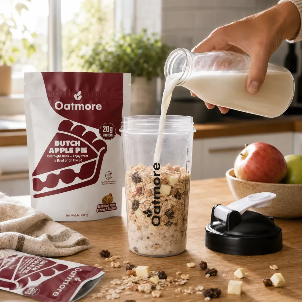 Oatmore Dutch Apple Pie drinkable overnight oats being prepared with milk, with visible oats, raisins and apple pieces in the shaker