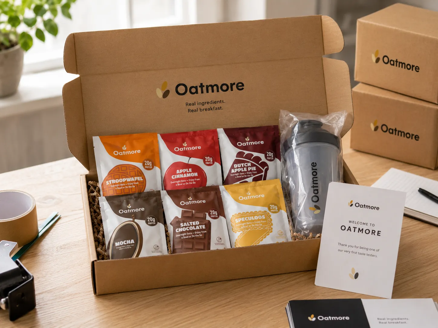Oatmore six-flavour tasting kit box with a single-serve pack of each flavour