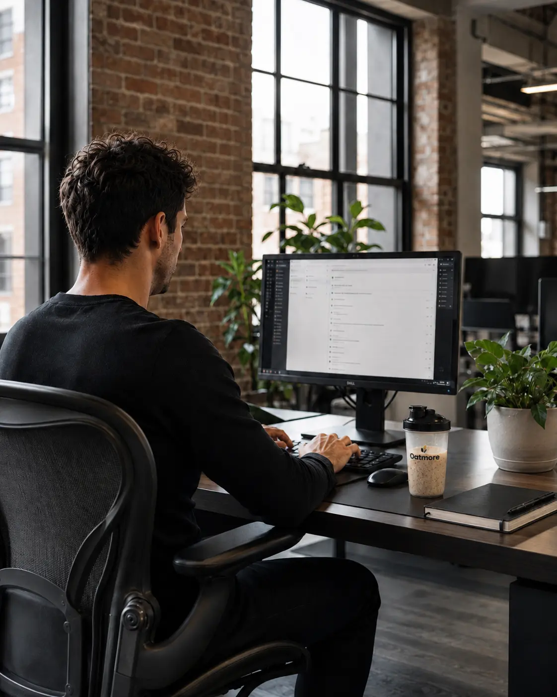 Office worker at a desk with an Oatmore shaker bottle